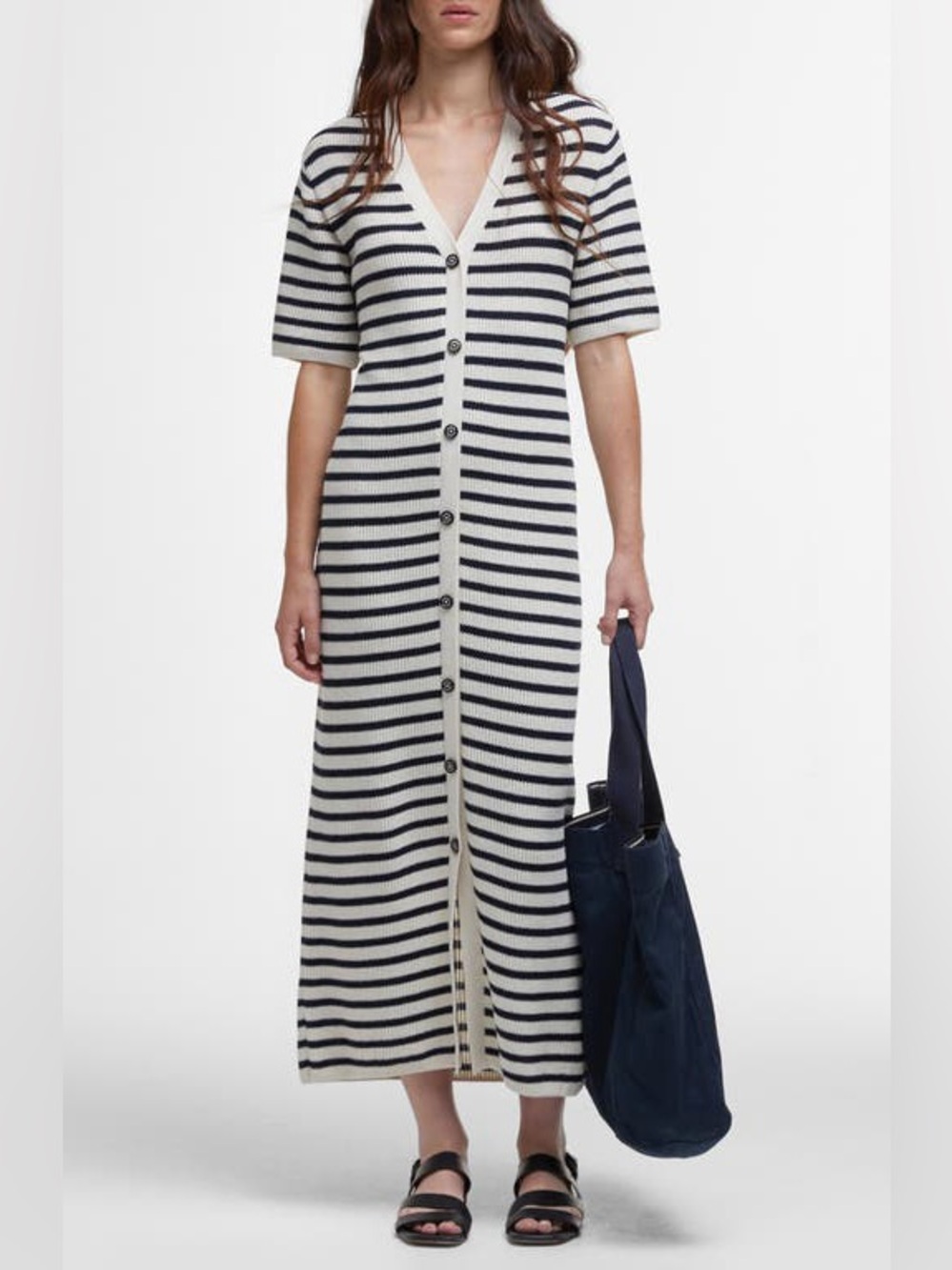 Barbour Isla Multi Stripe Cotton Knit Button-Front Midi Dress size 6